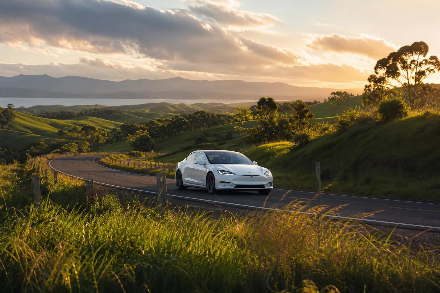 Electric vehicle on a New Zealand country road